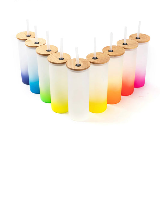 17oz Frosted Glass Skinny Tumbler with Bamboo Wooden Lid and Plastic straw